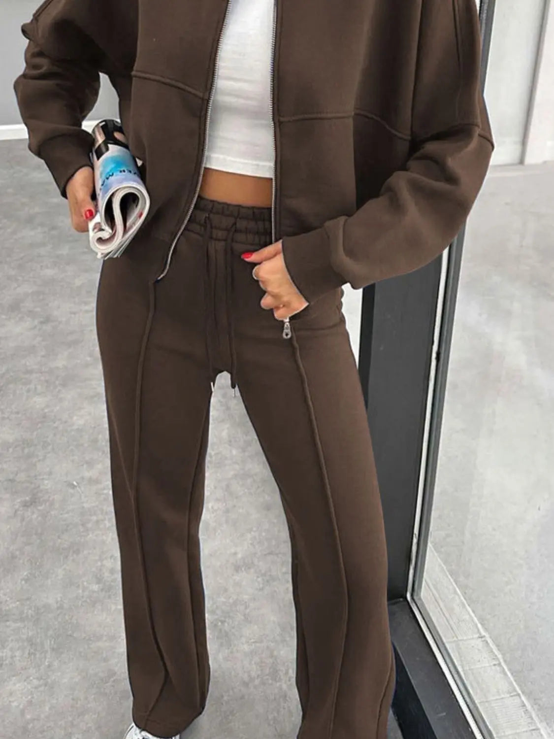 Baseball Collar Zip Up Outerwear and Drawstring Pants Set Trendsi
