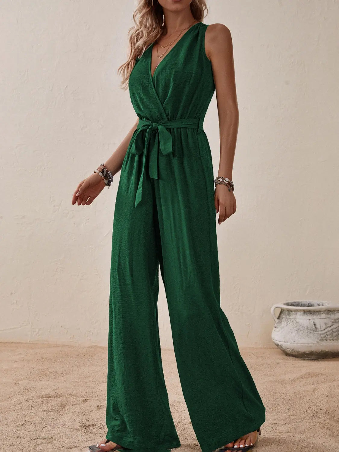 Honey Tied Surplice Sleeveless Wide Leg Jumpsuit Trendsi