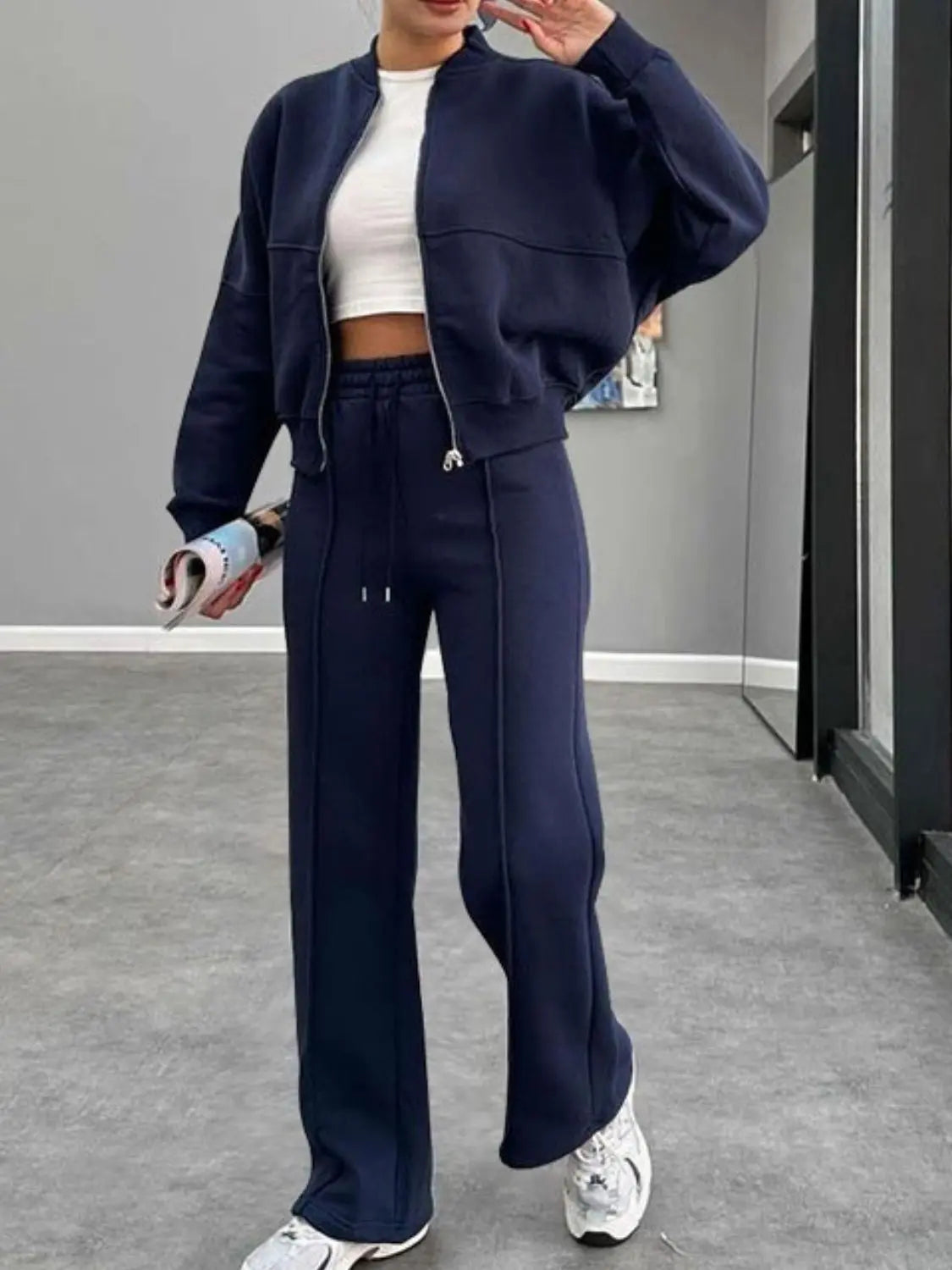 Baseball Collar Zip Up Outerwear and Drawstring Pants Set Trendsi