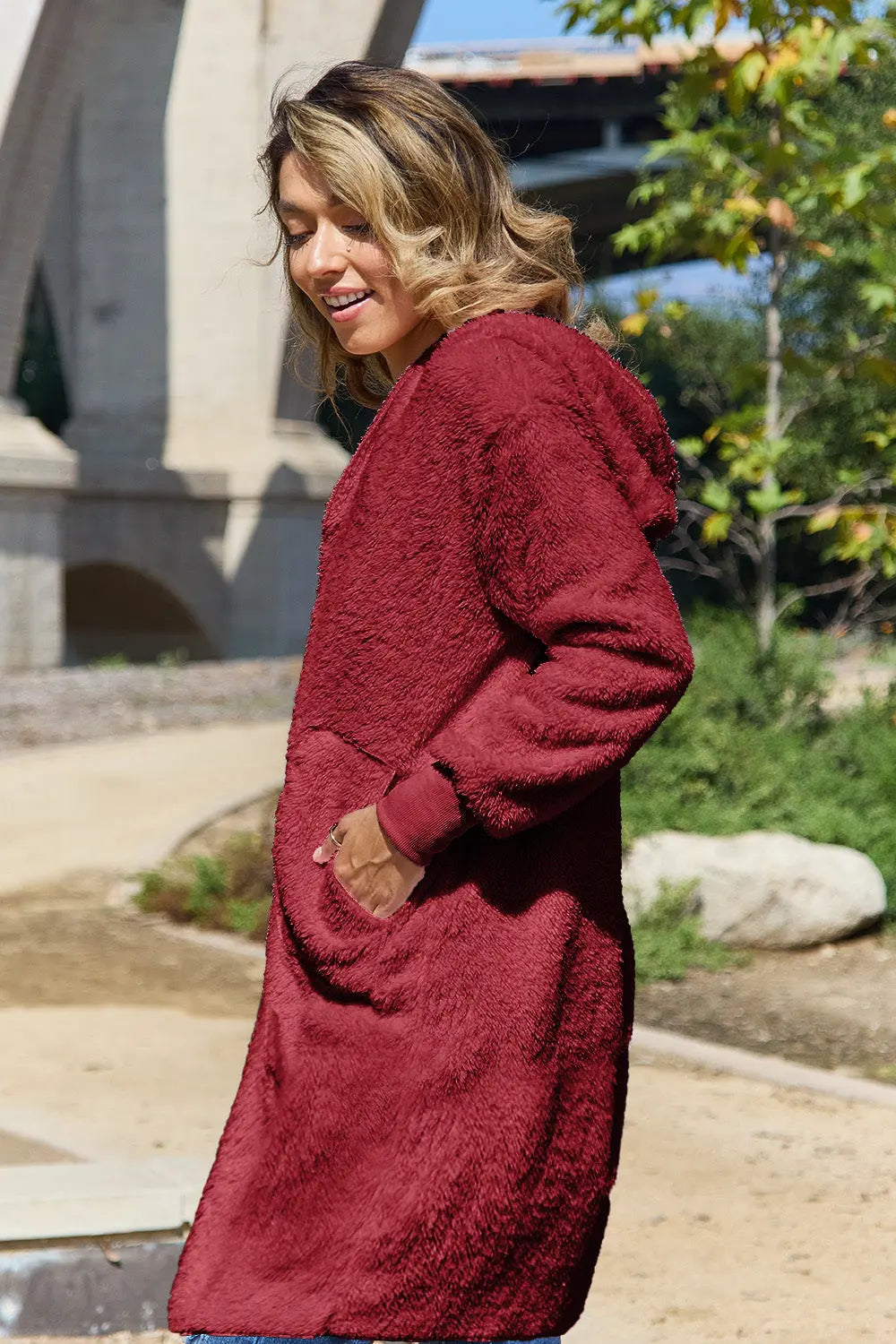 Double Take Full Size Hooded Teddy Bear Jacket with Thumbholes Trendsi