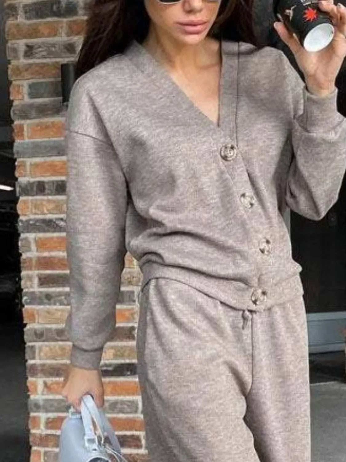 Full Size Button Up Long Sleeve Top and Pants Set Trendsi