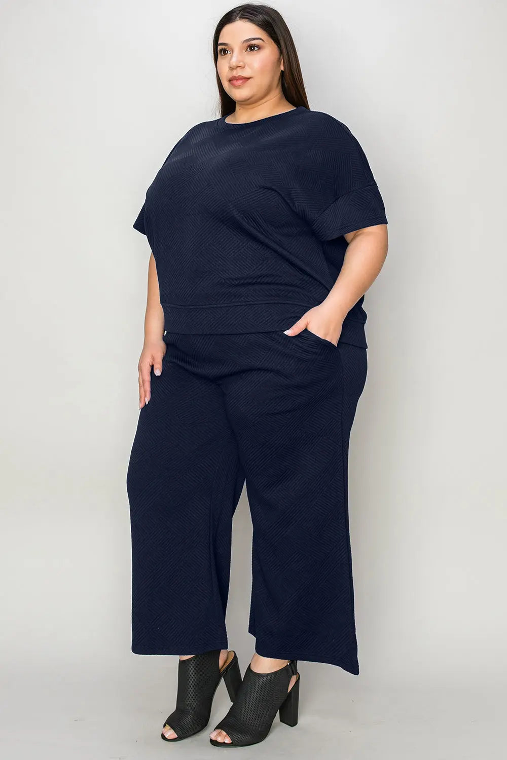 Double Take Full Size Texture Short Sleeve Top and Pants Set Trendsi