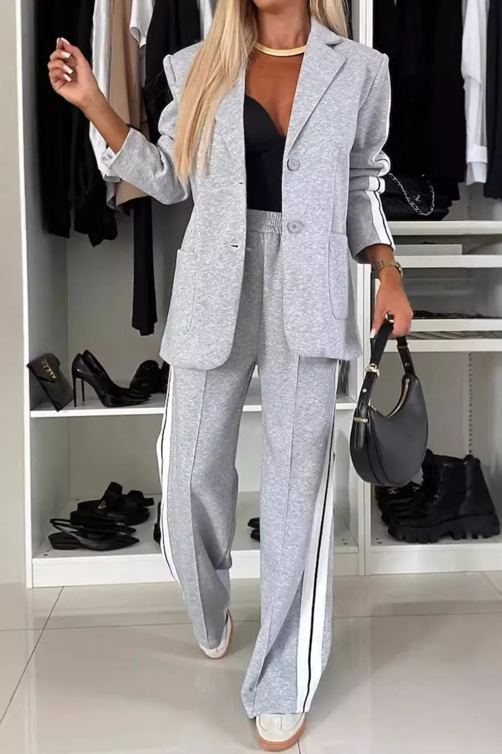 Full Size Contrast Lapel Collar Top and Pants Set Trendsi