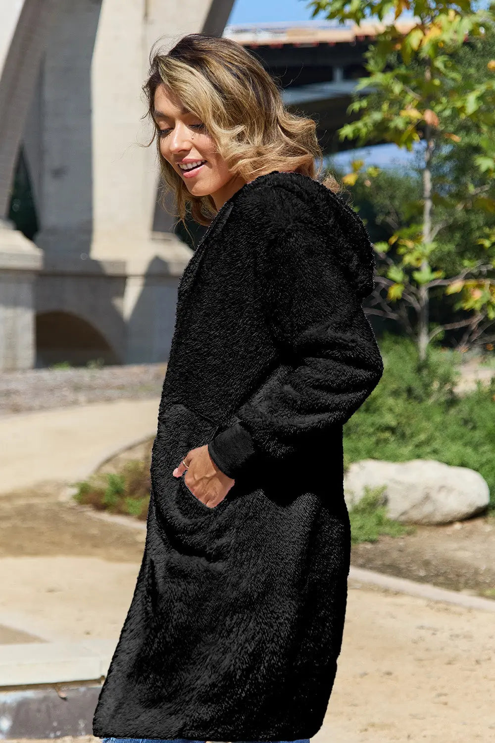 Double Take Full Size Hooded Teddy Bear Jacket with Thumbholes Trendsi