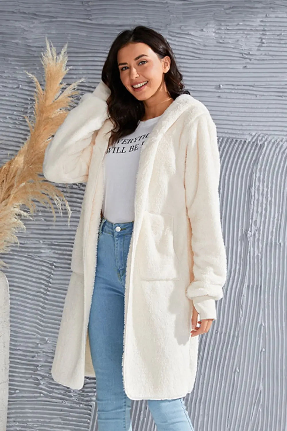 Double Take Full Size Hooded Teddy Bear Jacket with Thumbholes Trendsi