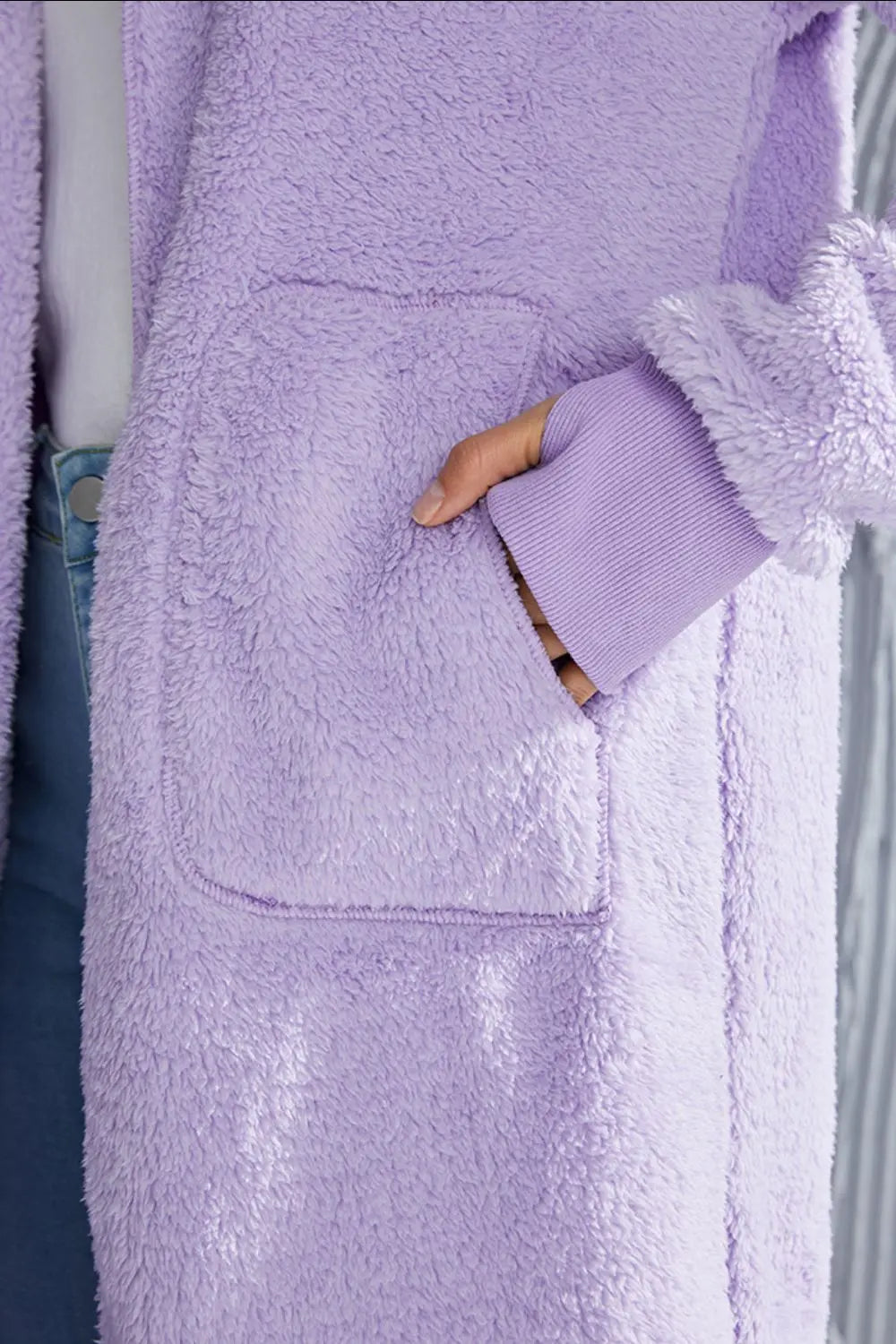 Double Take Full Size Hooded Teddy Bear Jacket with Thumbholes Trendsi