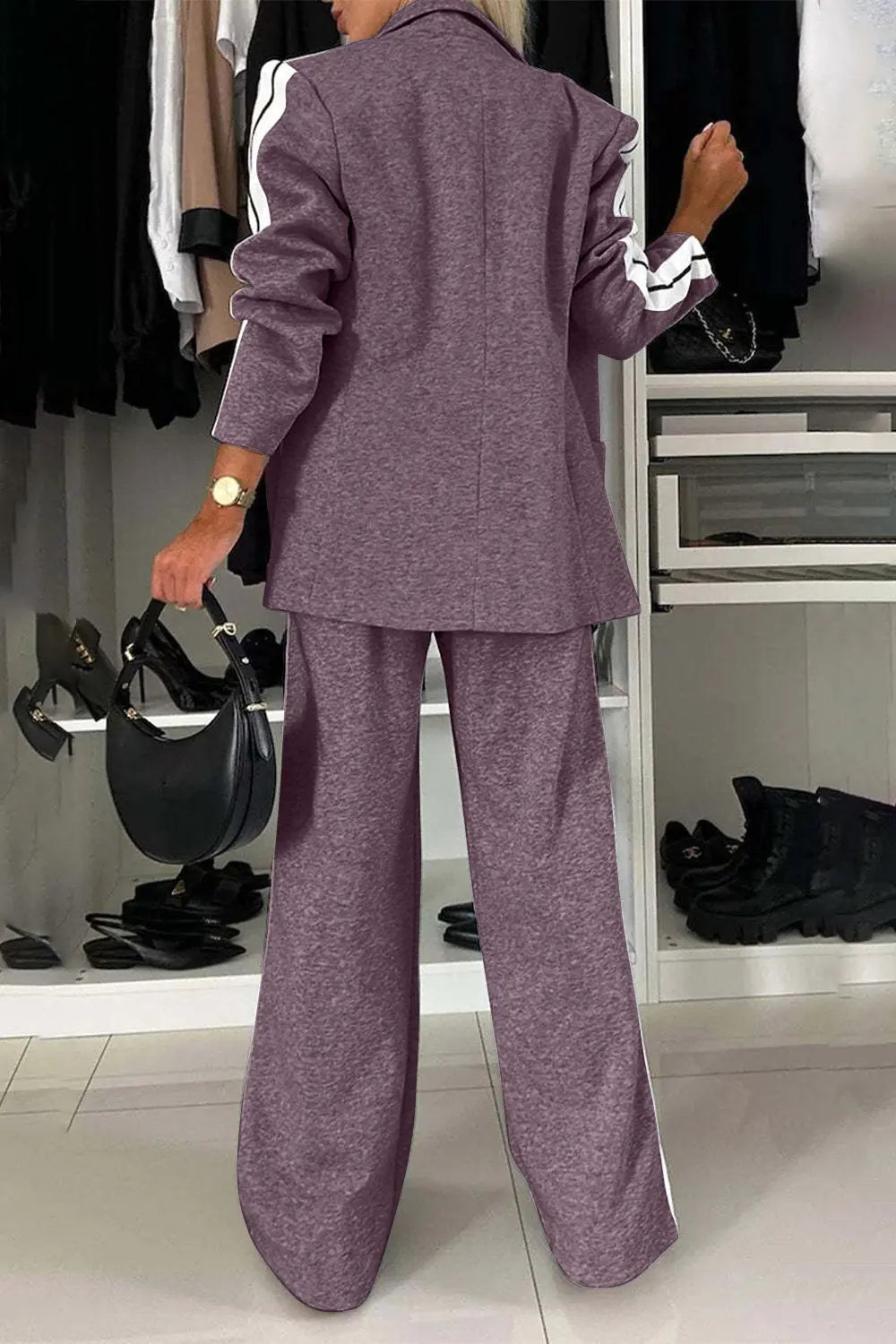 Full Size Contrast Lapel Collar Top and Pants Set Trendsi