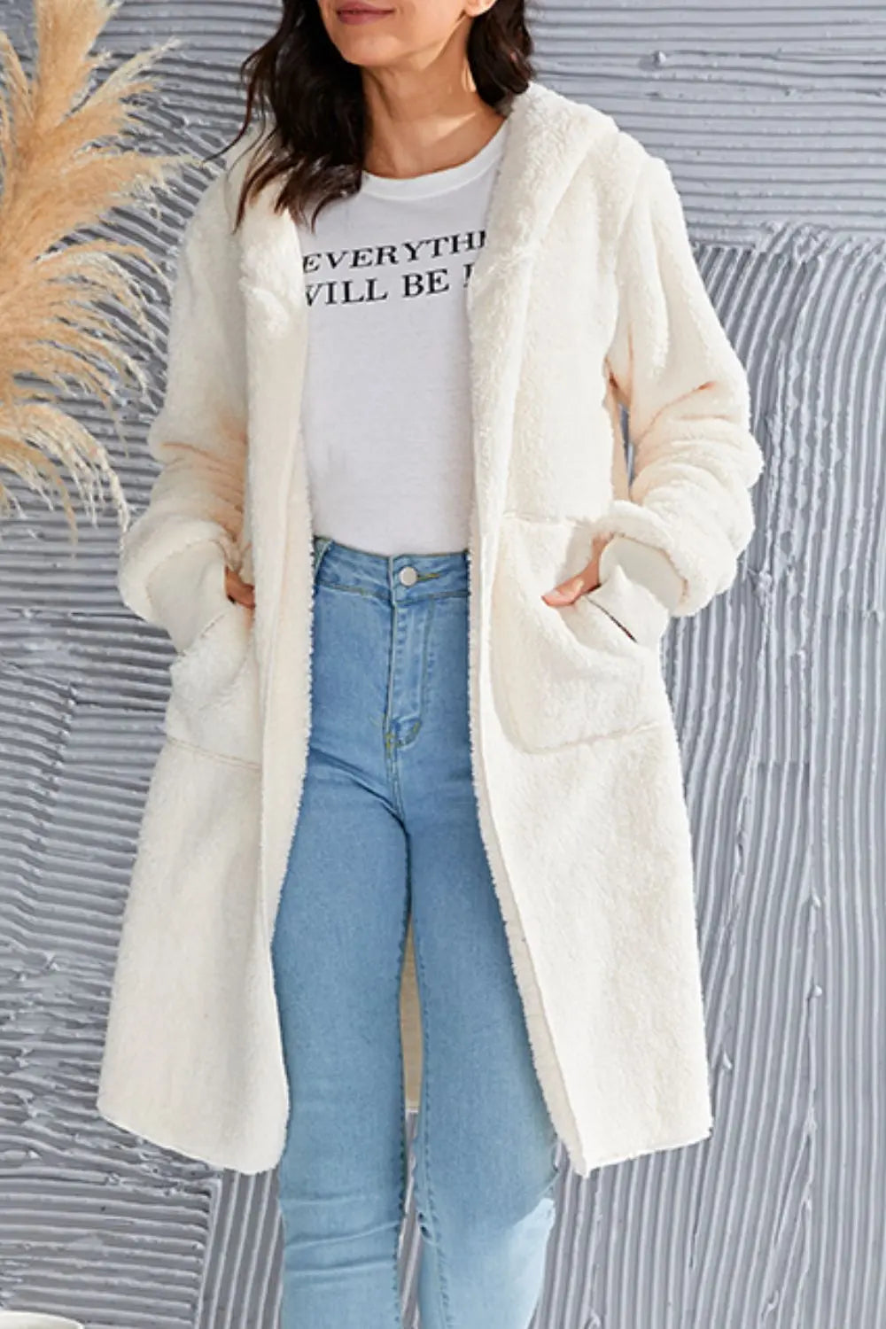 Double Take Full Size Hooded Teddy Bear Jacket with Thumbholes Trendsi