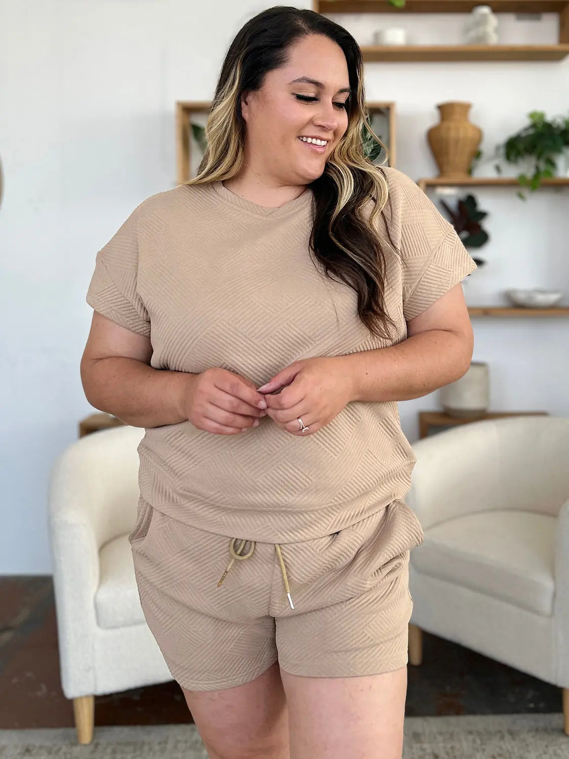 Double Take Full Size Texture Short Sleeve T-Shirt and Drawstring Shorts Set Trendsi
