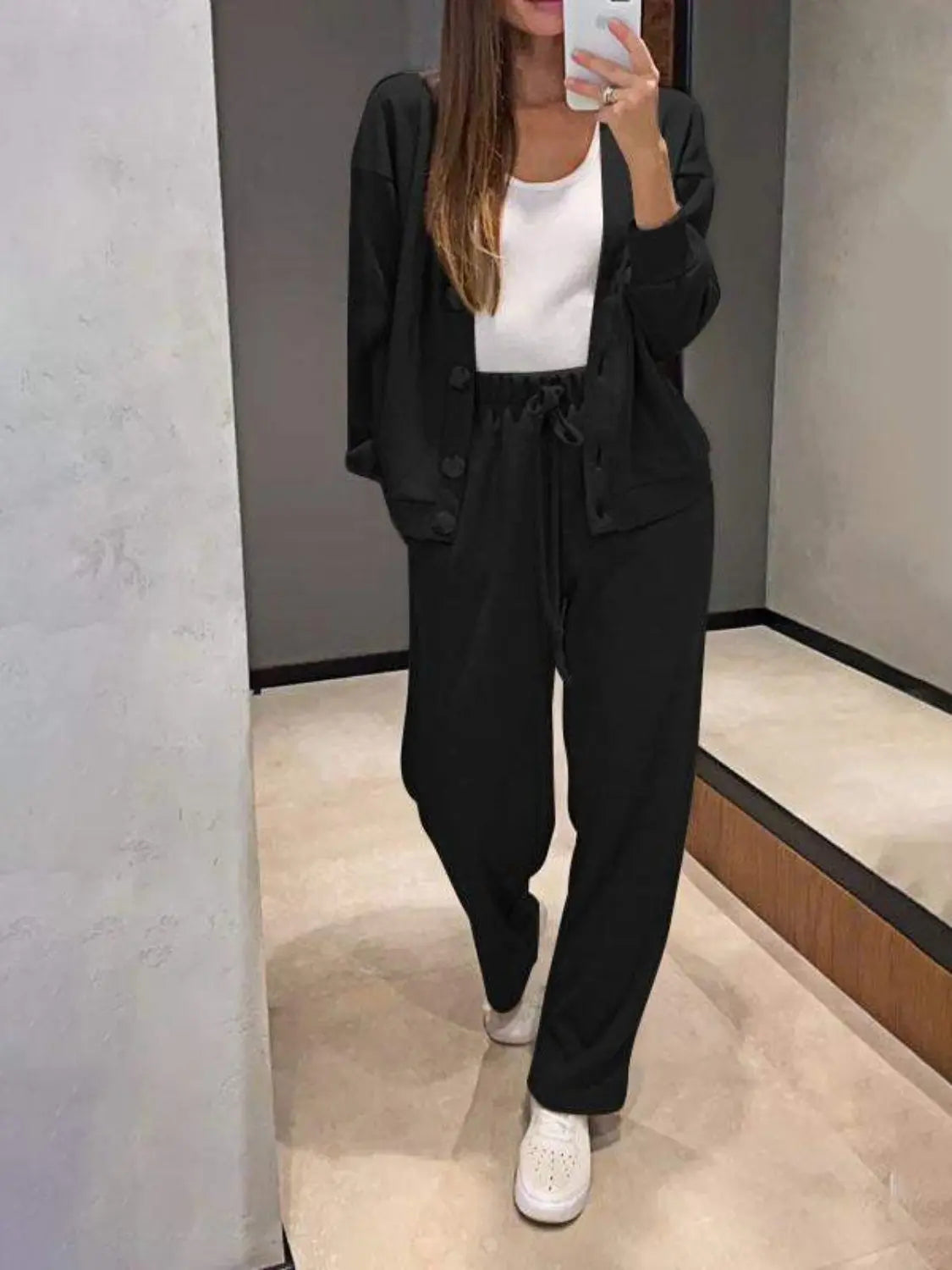 Full Size Button Up Long Sleeve Top and Pants Set Trendsi