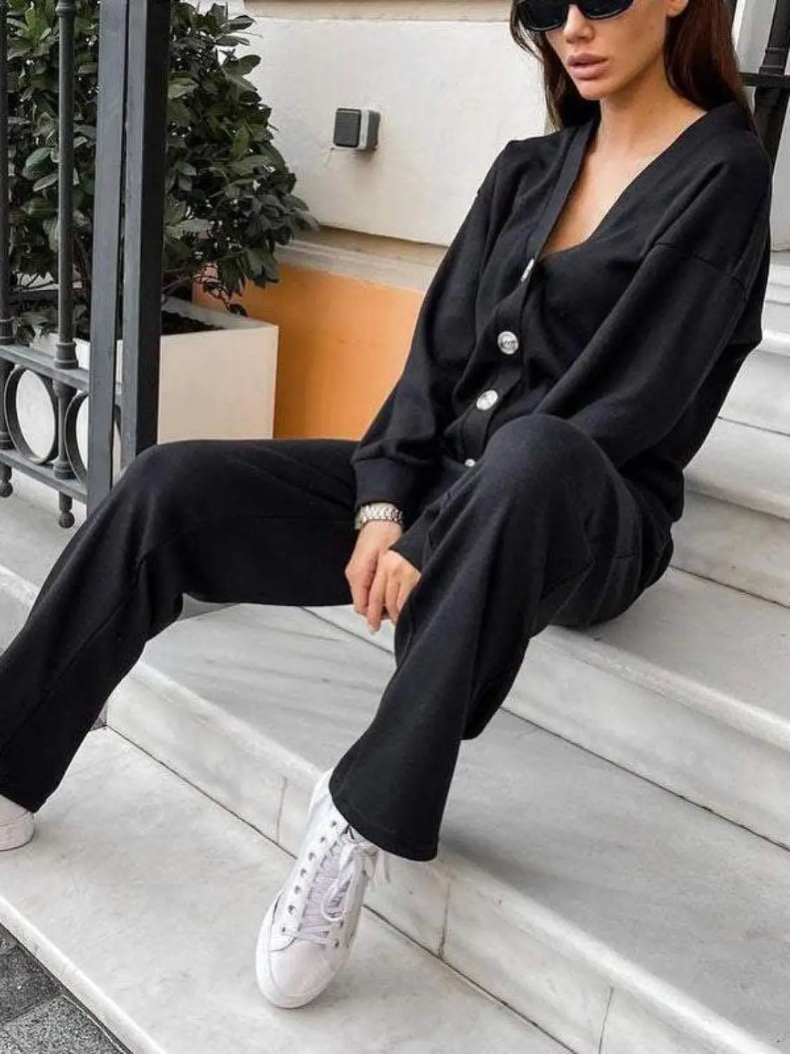 Full Size Button Up Long Sleeve Top and Pants Set Trendsi