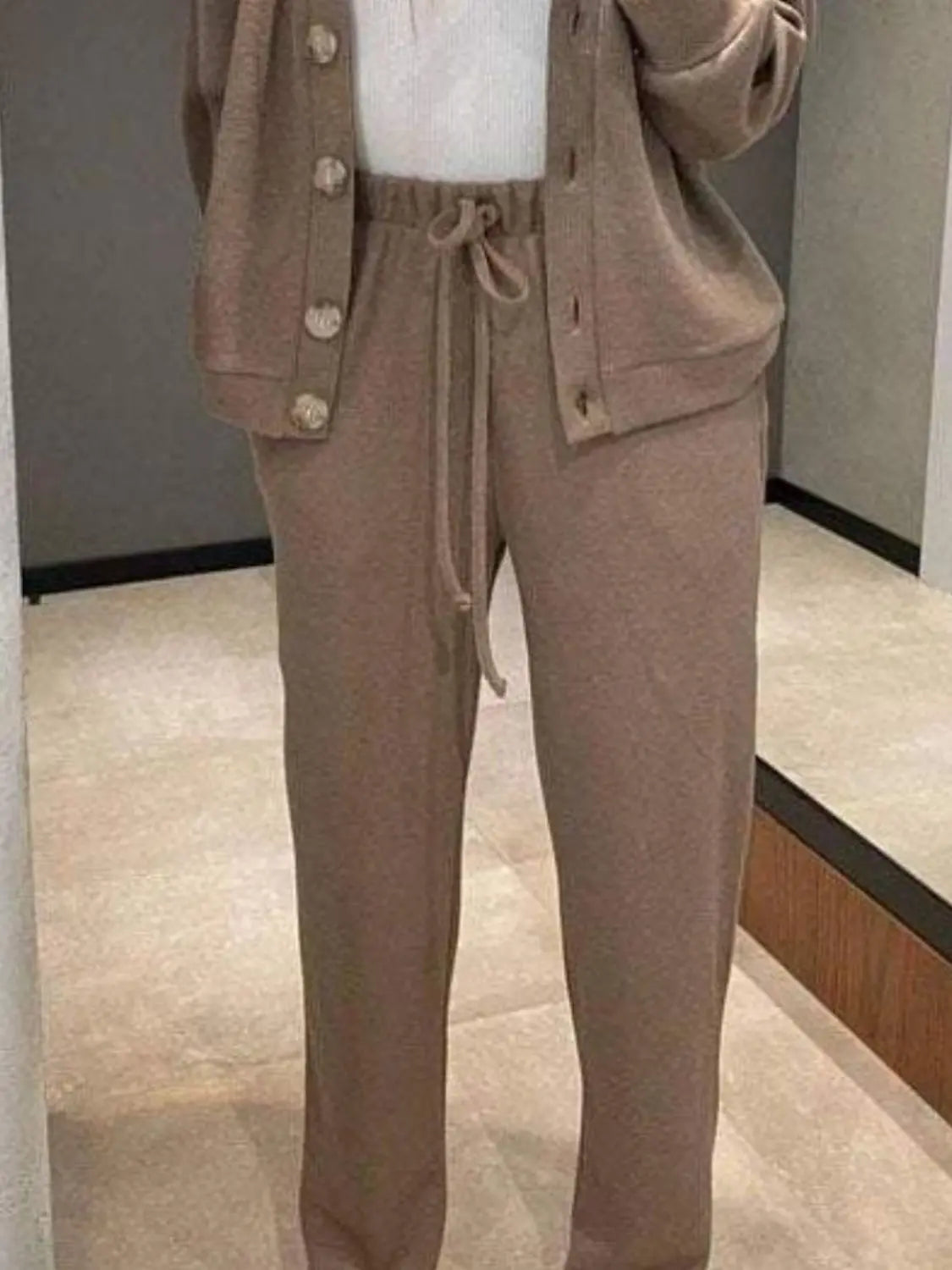 Full Size Button Up Long Sleeve Top and Pants Set Trendsi