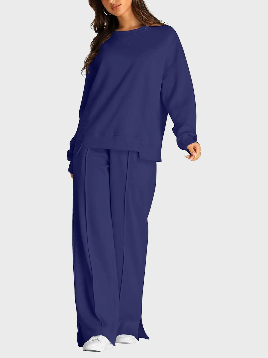 Round Neck Long Sleeve Top and Slit Pants Set Trendsi