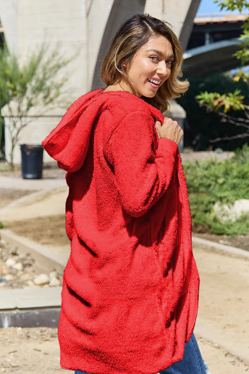 Double Take Full Size Hooded Teddy Bear Jacket with Thumbholes Trendsi