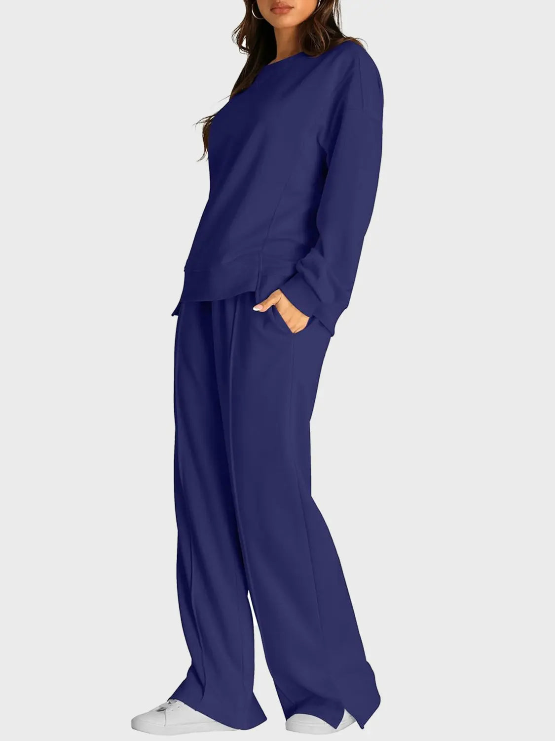 Round Neck Long Sleeve Top and Slit Pants Set Trendsi