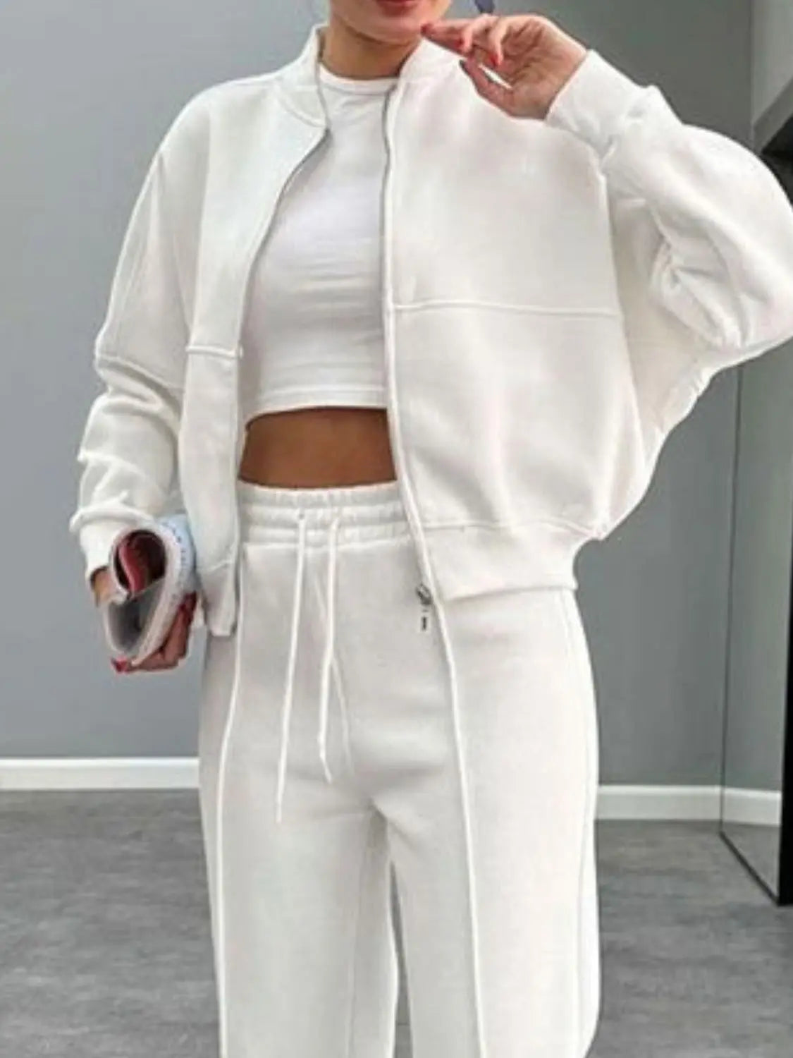 Baseball Collar Zip Up Outerwear and Drawstring Pants Set Trendsi