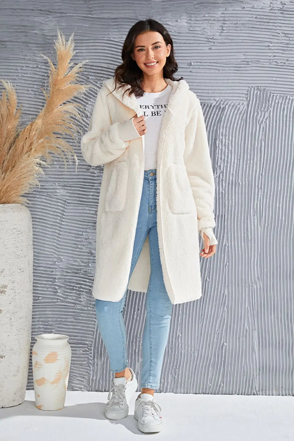 Double Take Full Size Hooded Teddy Bear Jacket with Thumbholes Trendsi