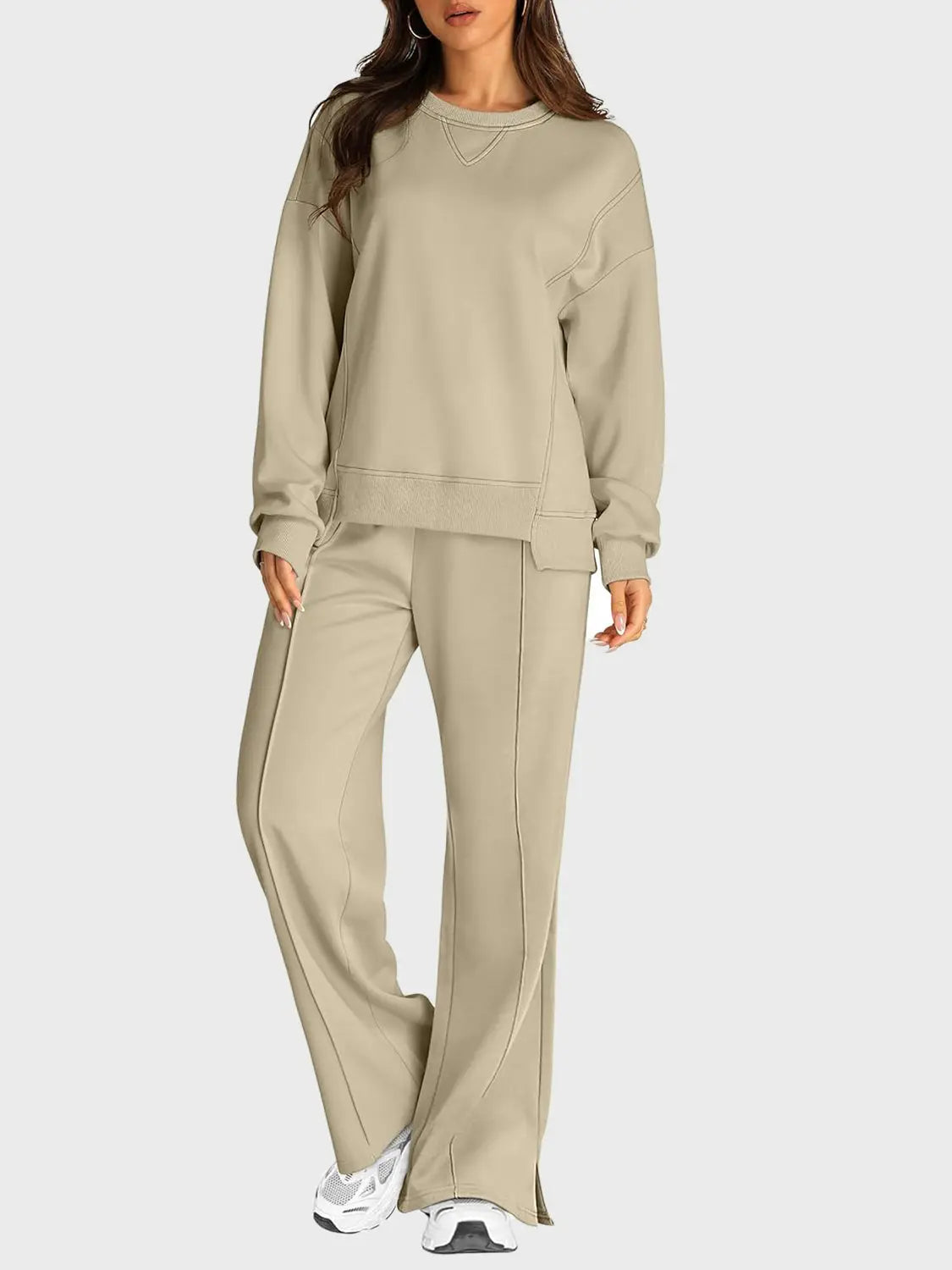 Round Neck Long Sleeve Top and Slit Pants Set Trendsi