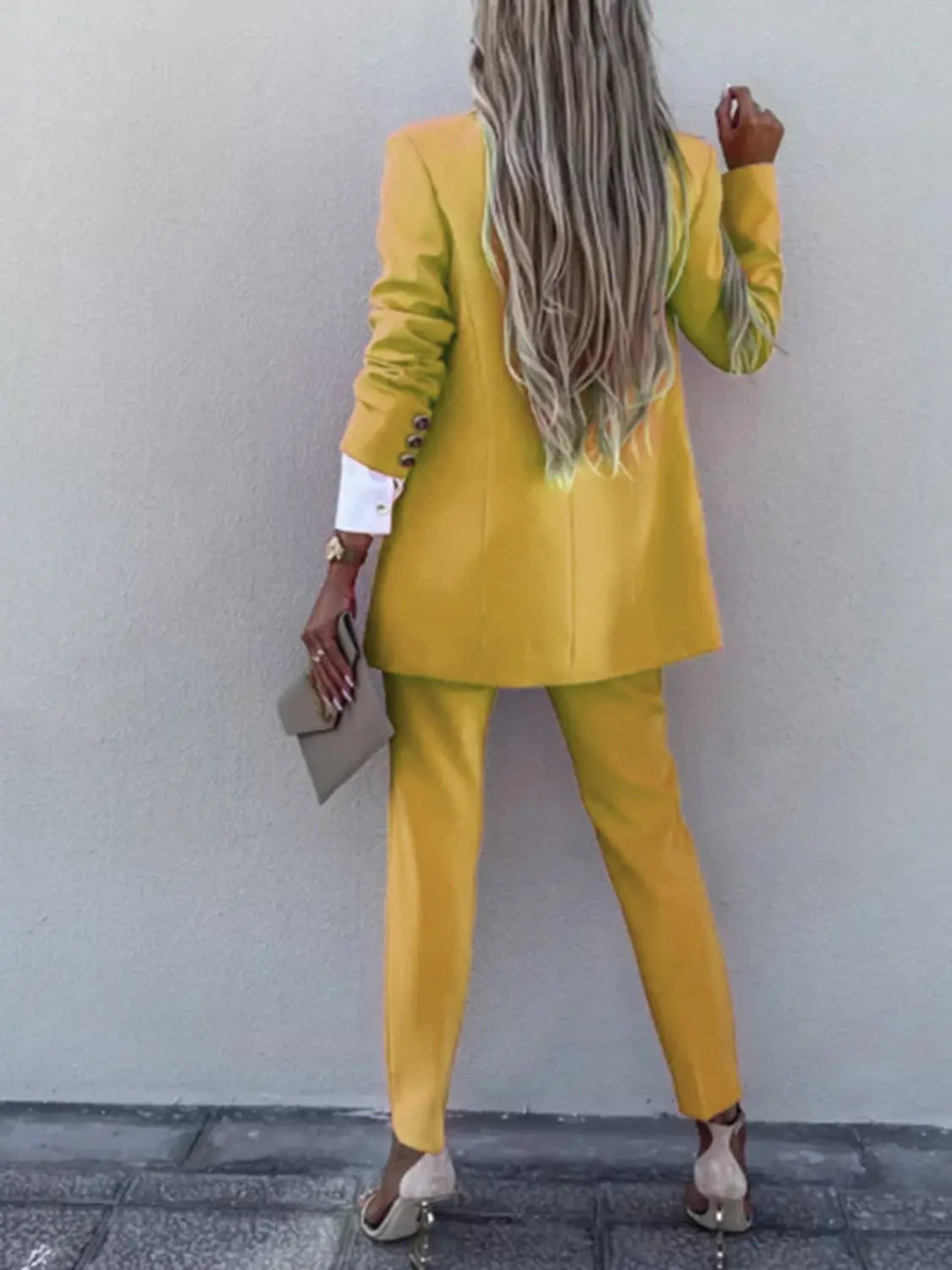 Lapel Collar Long Sleeve Blazer and Pants Set Trendsi