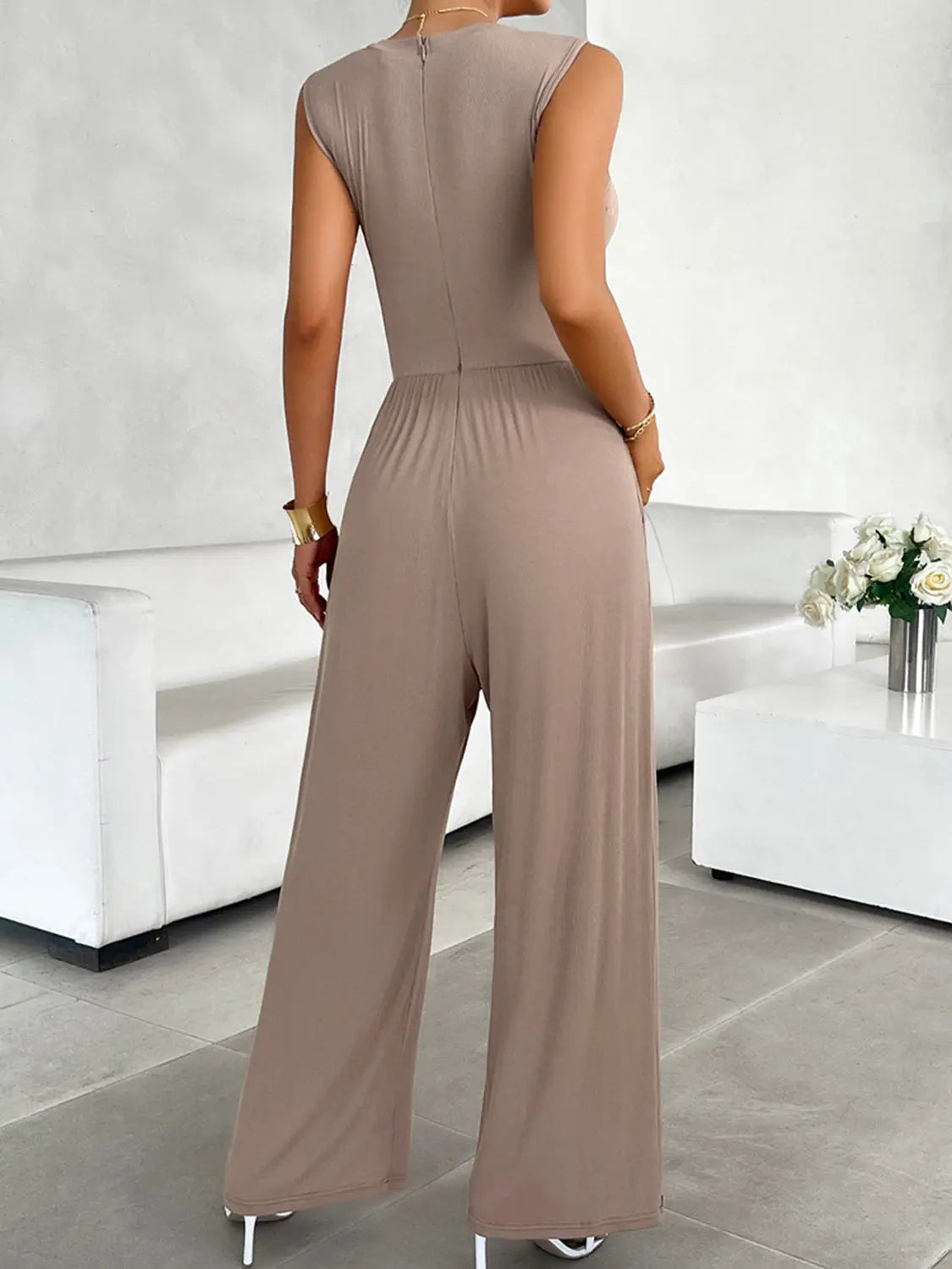 Devine Round Neck Sleeveless Wide Leg Jumpsuit Trendsi