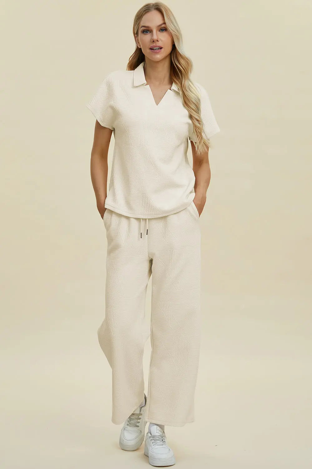 Double Take Full Size Collared Neck Short Sleeve Top and Pants Set - Pure Serenity DBA
