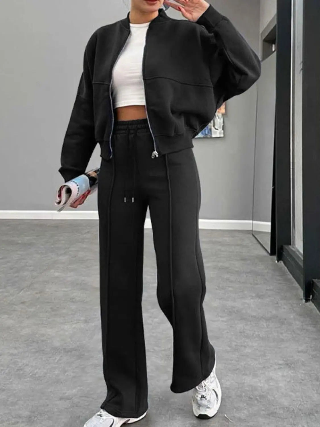 Baseball Collar Zip Up Outerwear and Drawstring Pants Set Trendsi