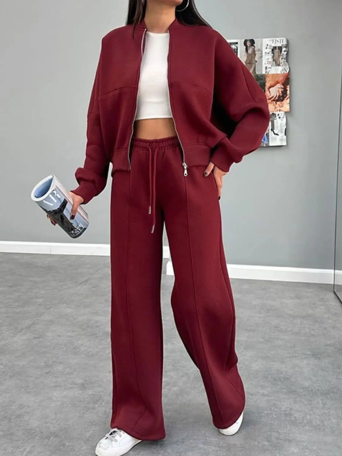 Baseball Collar Zip Up Outerwear and Drawstring Pants Set Trendsi