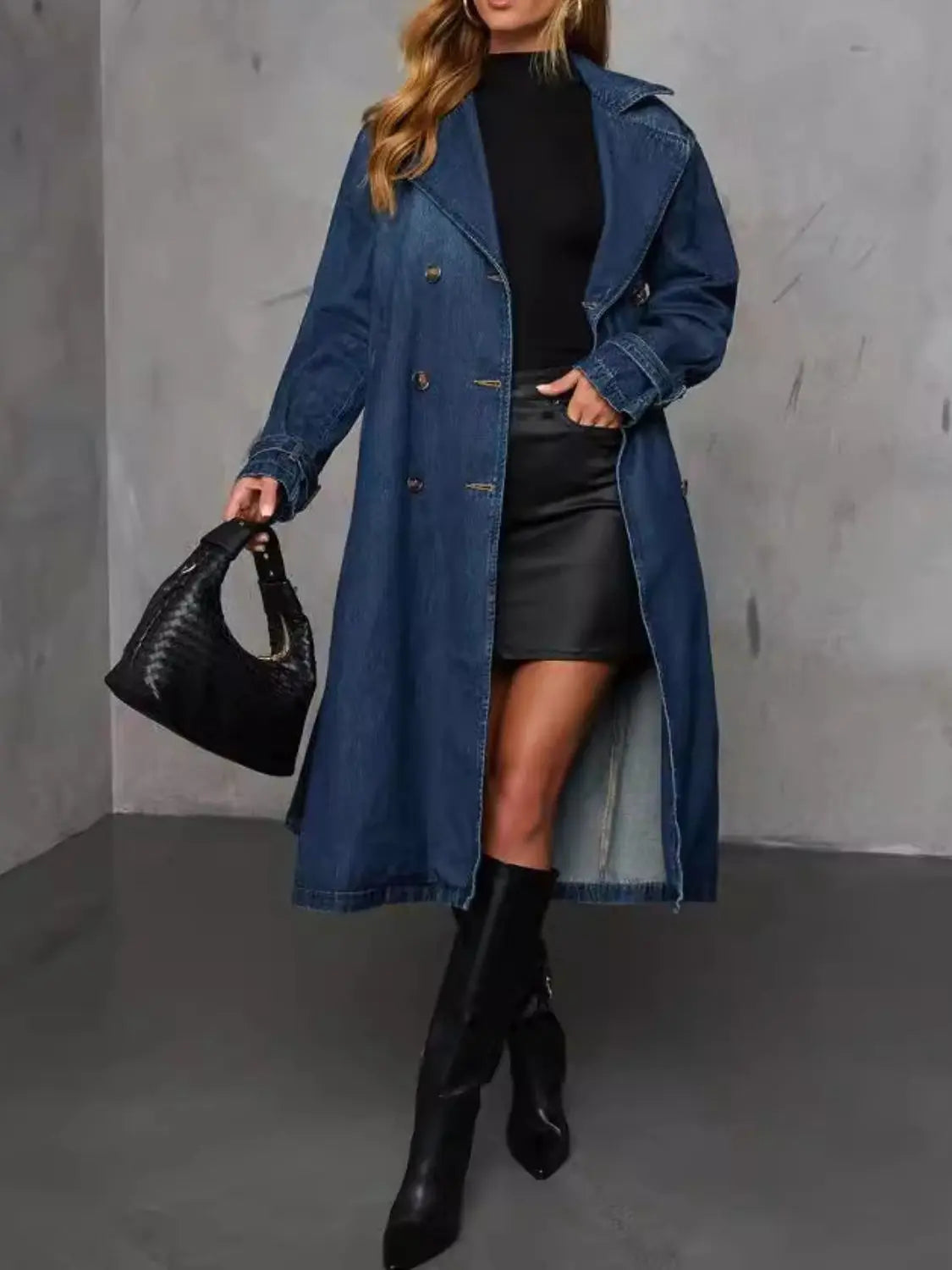 Button Up Long Sleeve Longline Denim Jacket Trendsi