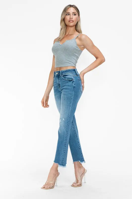 bytos Raw Hem Distressed Mid Rise Crop Jeans Trendsi