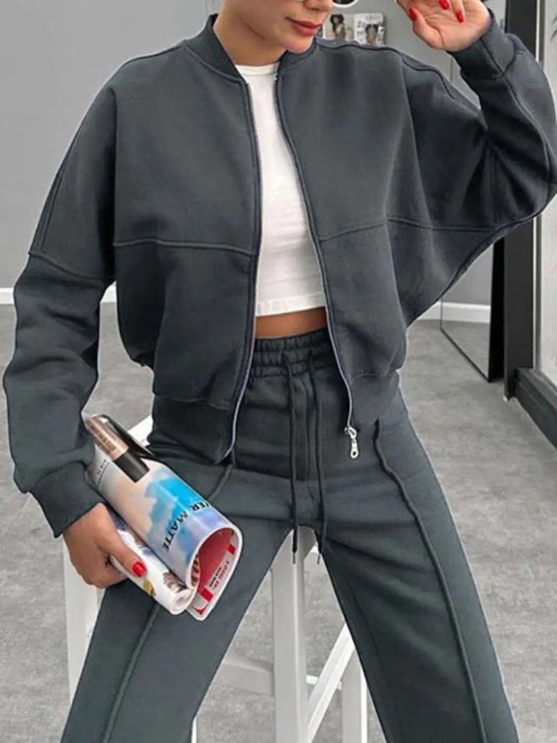 Baseball Collar Zip Up Outerwear and Drawstring Pants Set Trendsi