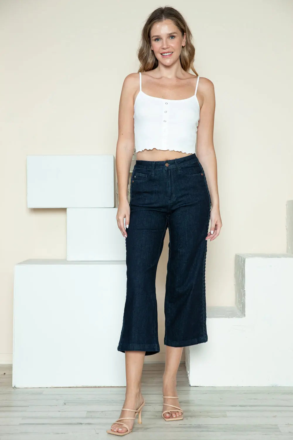 Judy Blue Full Size Side Seam Braid Detail Crop Wide Leg Jeans Trendsi