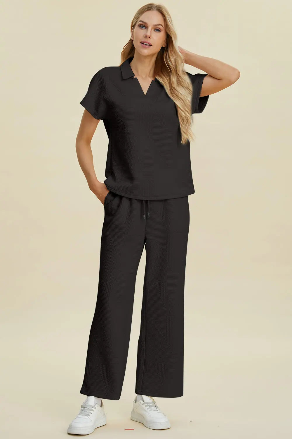 Double Take Full Size Collared Neck Short Sleeve Top and Pants Set - Pure Serenity DBA