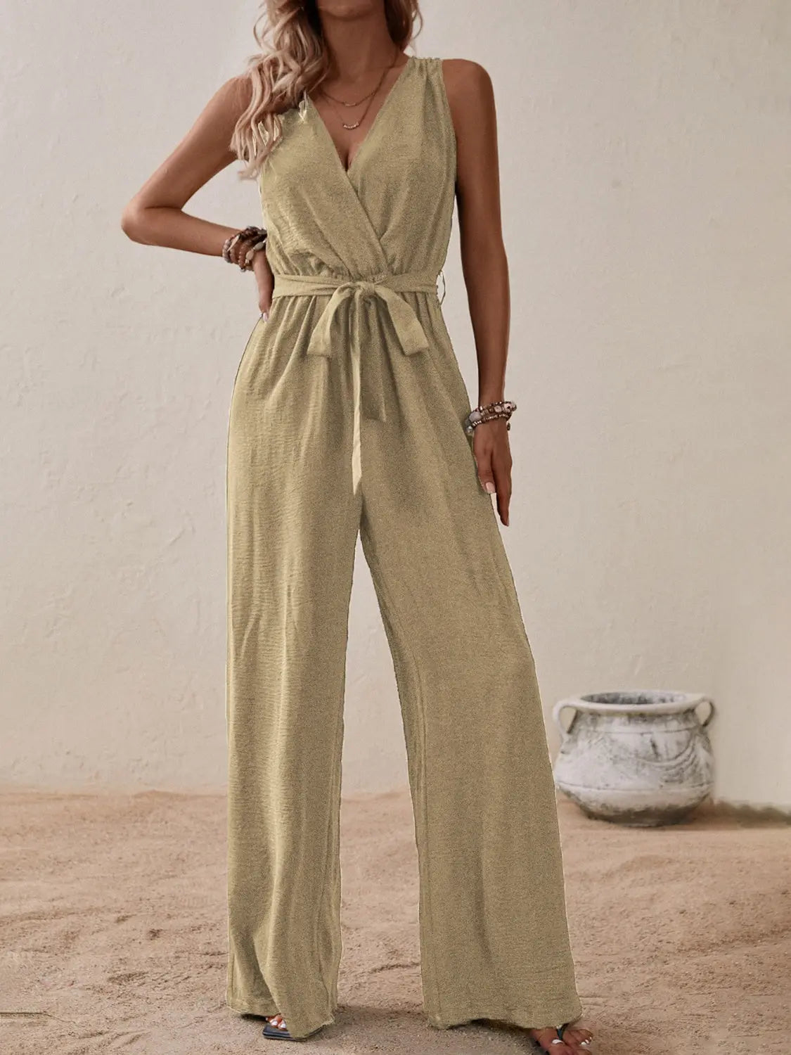 Honey Tied Surplice Sleeveless Wide Leg Jumpsuit Trendsi