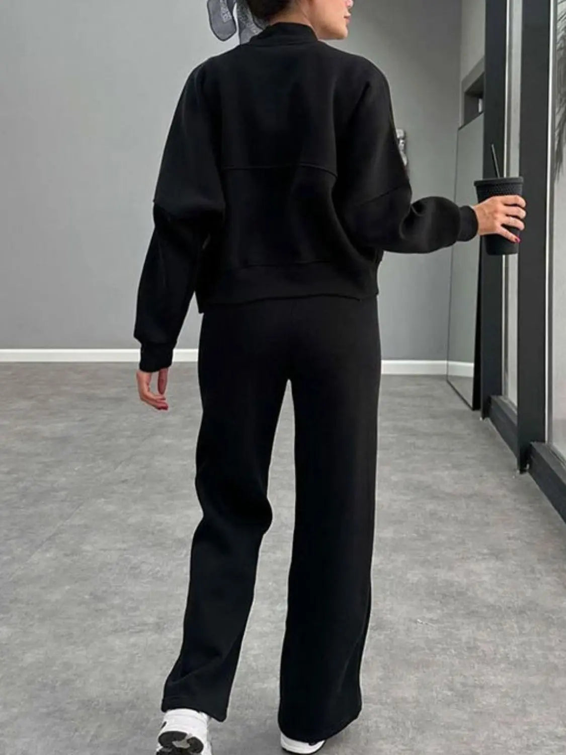 Baseball Collar Zip Up Outerwear and Drawstring Pants Set Trendsi