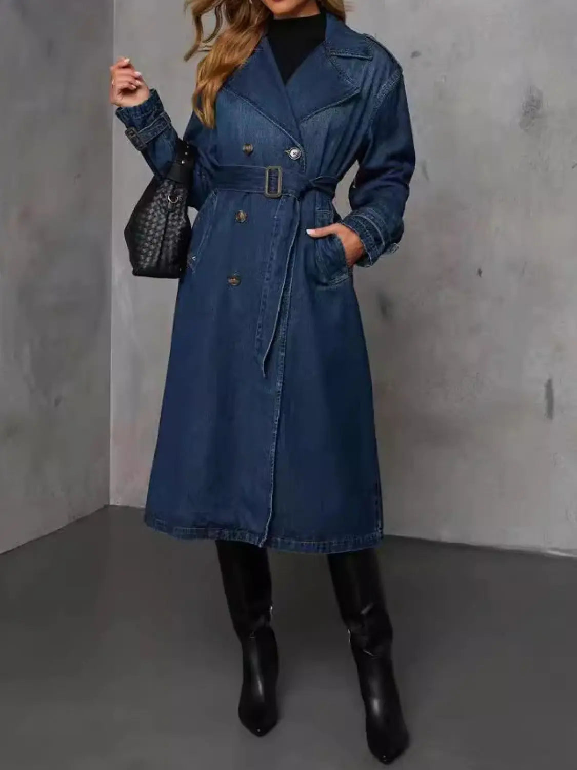 Button Up Long Sleeve Longline Denim Jacket Trendsi