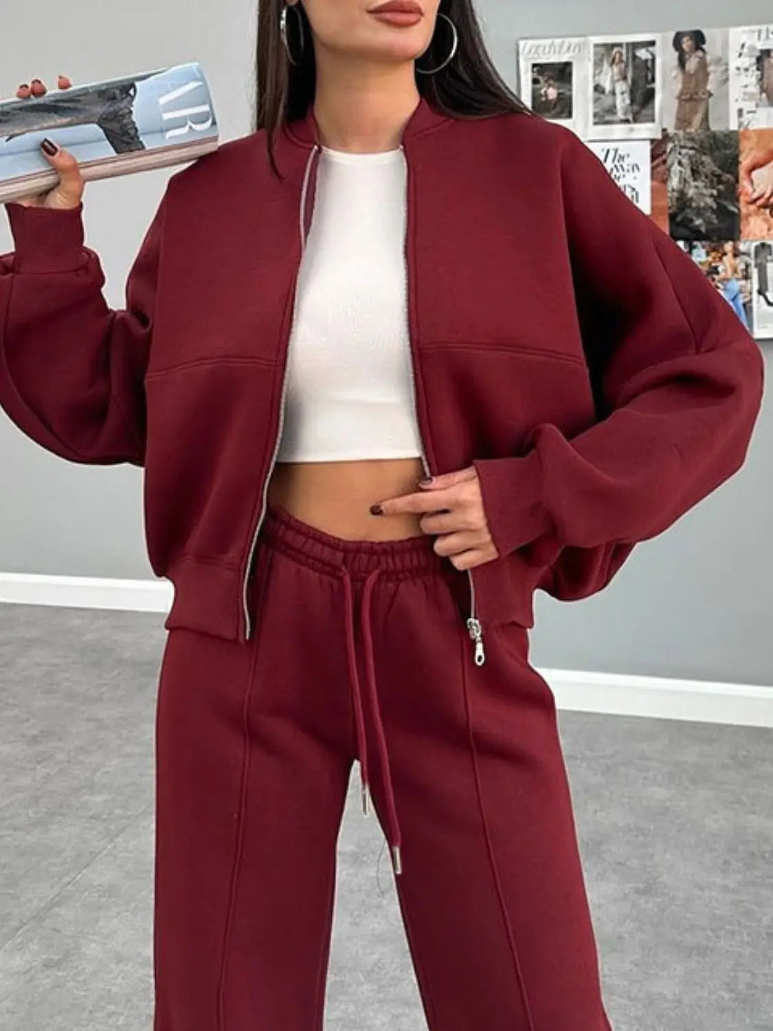 Baseball Collar Zip Up Outerwear and Drawstring Pants Set Trendsi