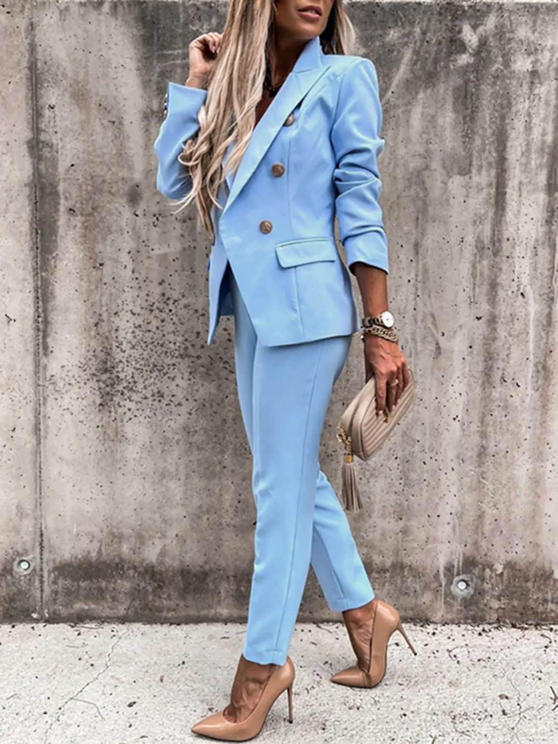 Lapel Collar Long Sleeve Blazer and Pants Set Trendsi