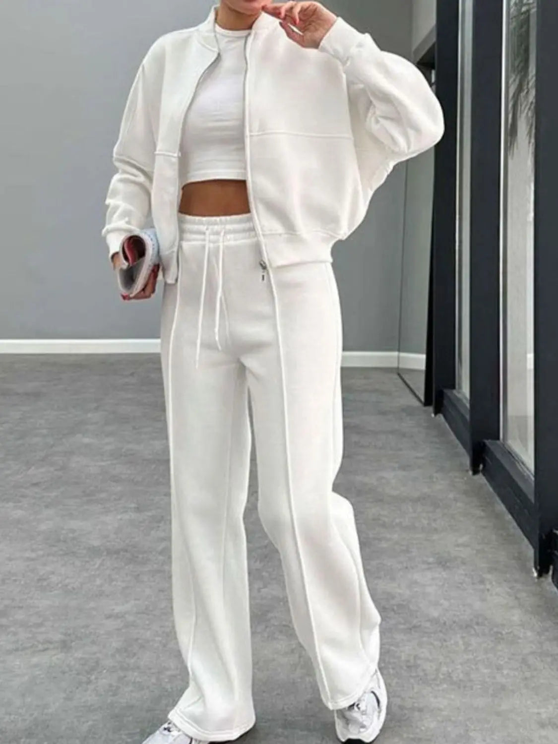 Baseball Collar Zip Up Outerwear and Drawstring Pants Set Trendsi