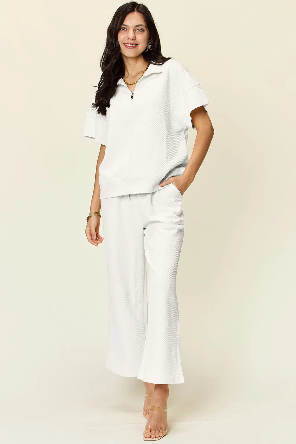 Double Take Full Size Texture Half Zip Short Sleeve Top and Pants Set Trendsi