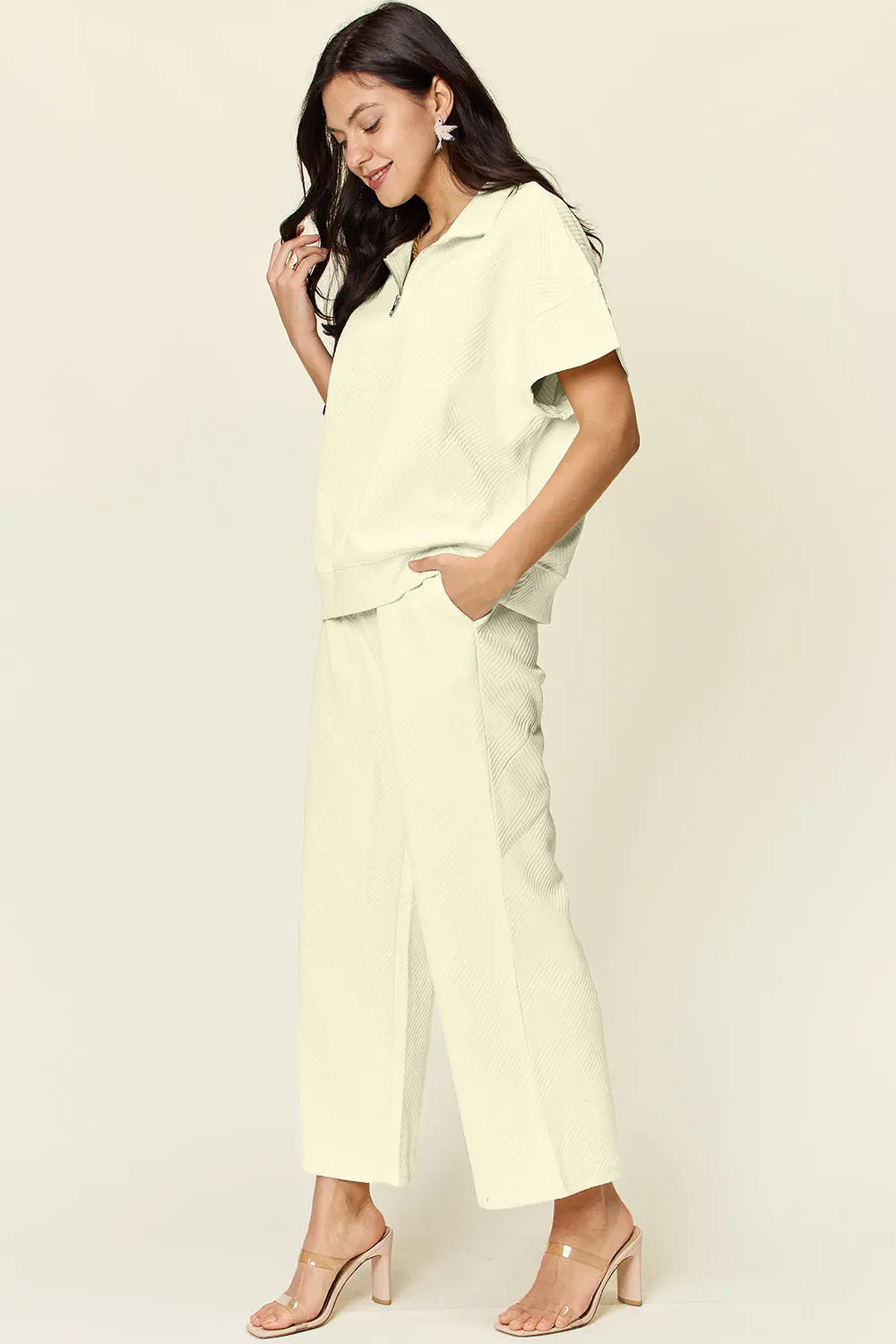 Double Take Full Size Texture Half Zip Short Sleeve Top and Pants Set Trendsi