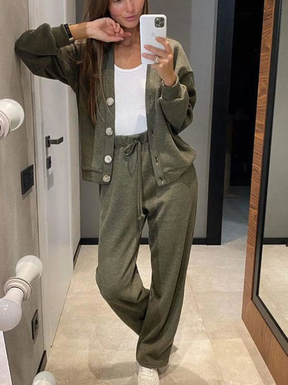 Full Size Button Up Long Sleeve Top and Pants Set Trendsi