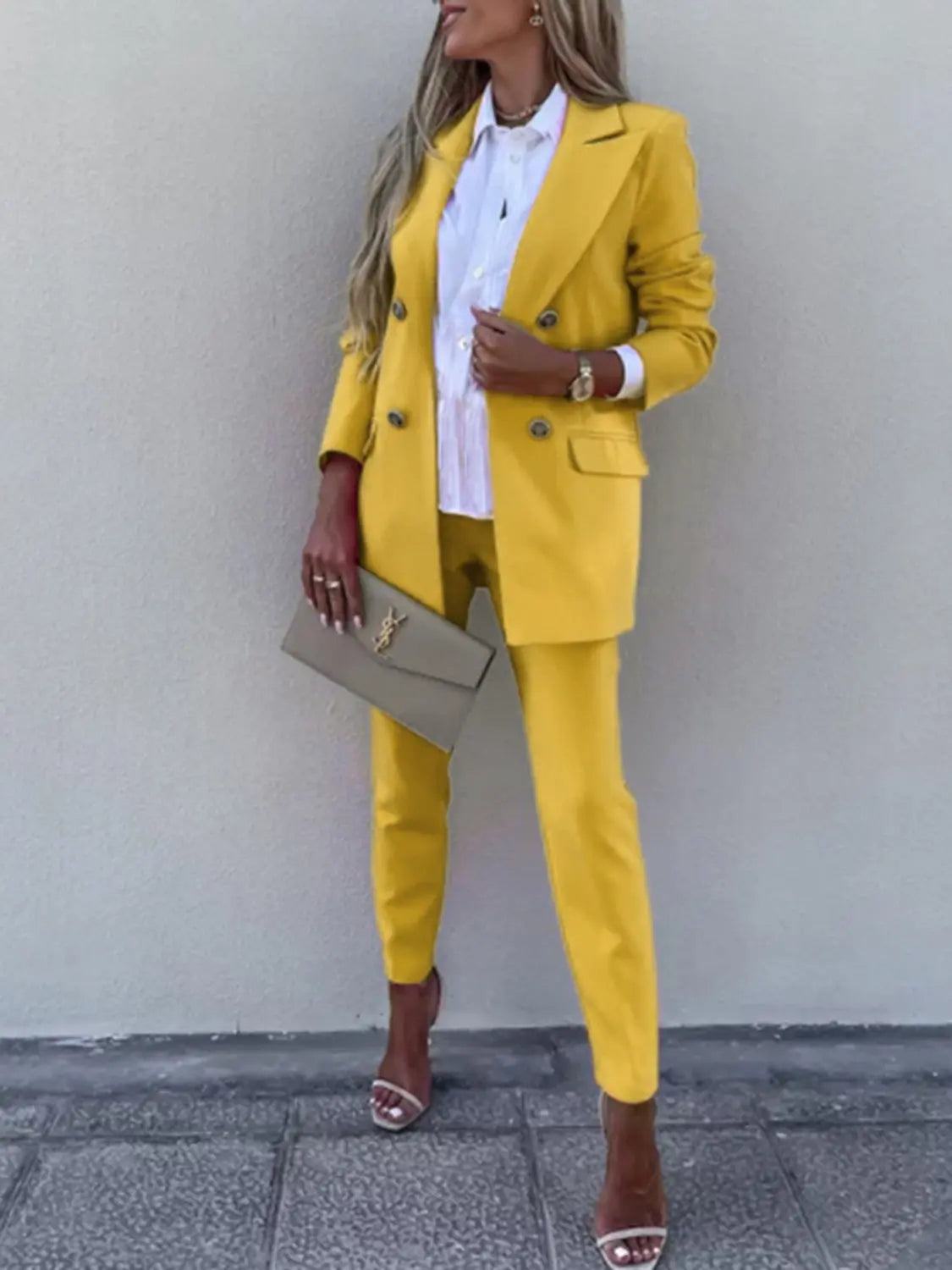 Lapel Collar Long Sleeve Blazer and Pants Set Trendsi
