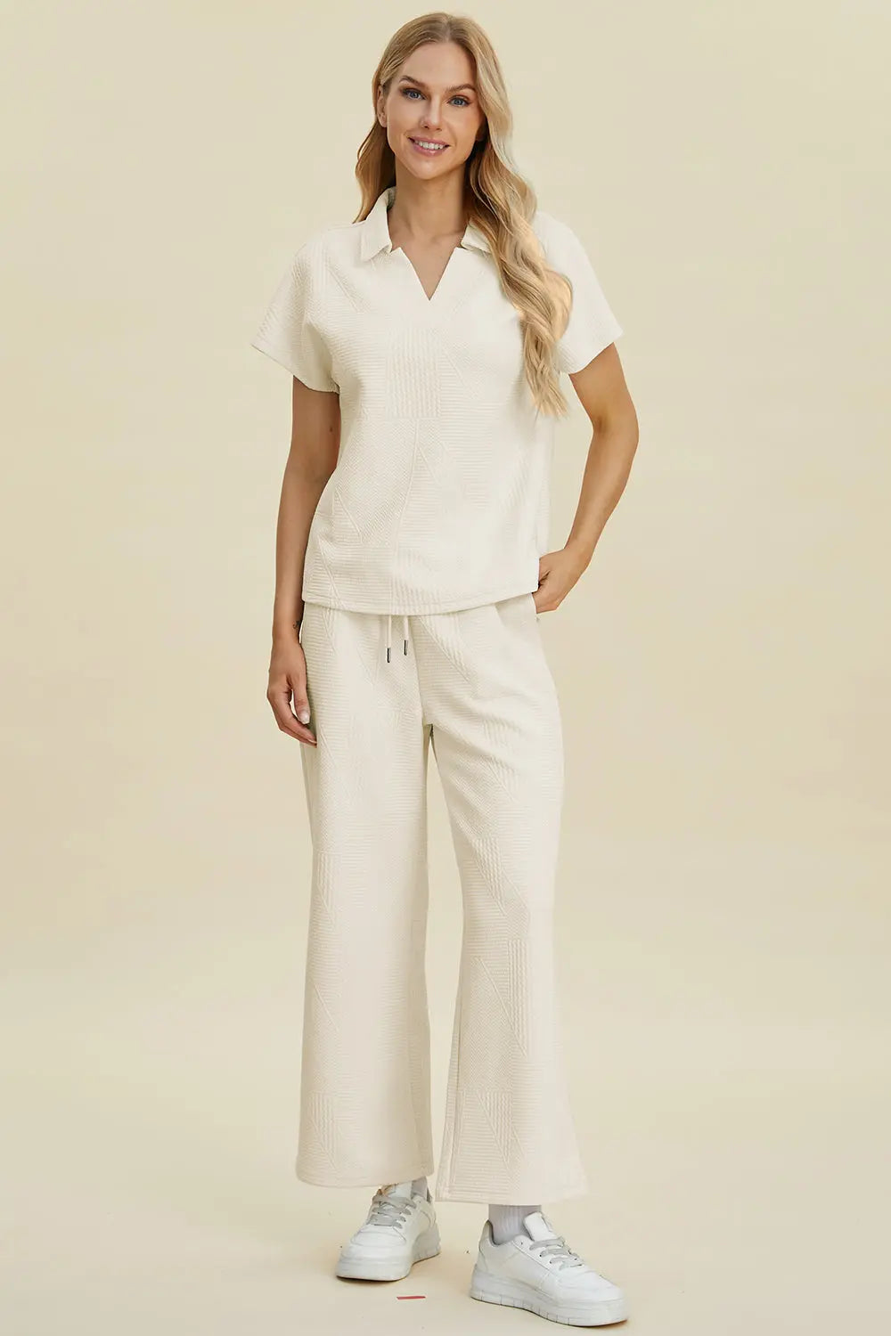Double Take Full Size Collared Neck Short Sleeve Top and Pants Set - Pure Serenity DBA