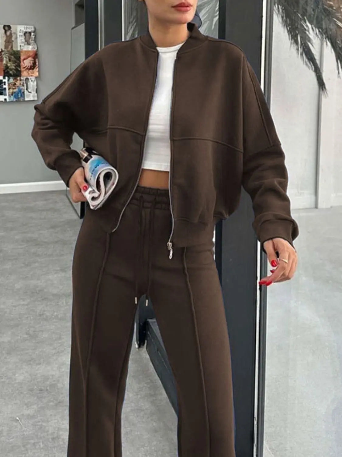 Baseball Collar Zip Up Outerwear and Drawstring Pants Set Trendsi