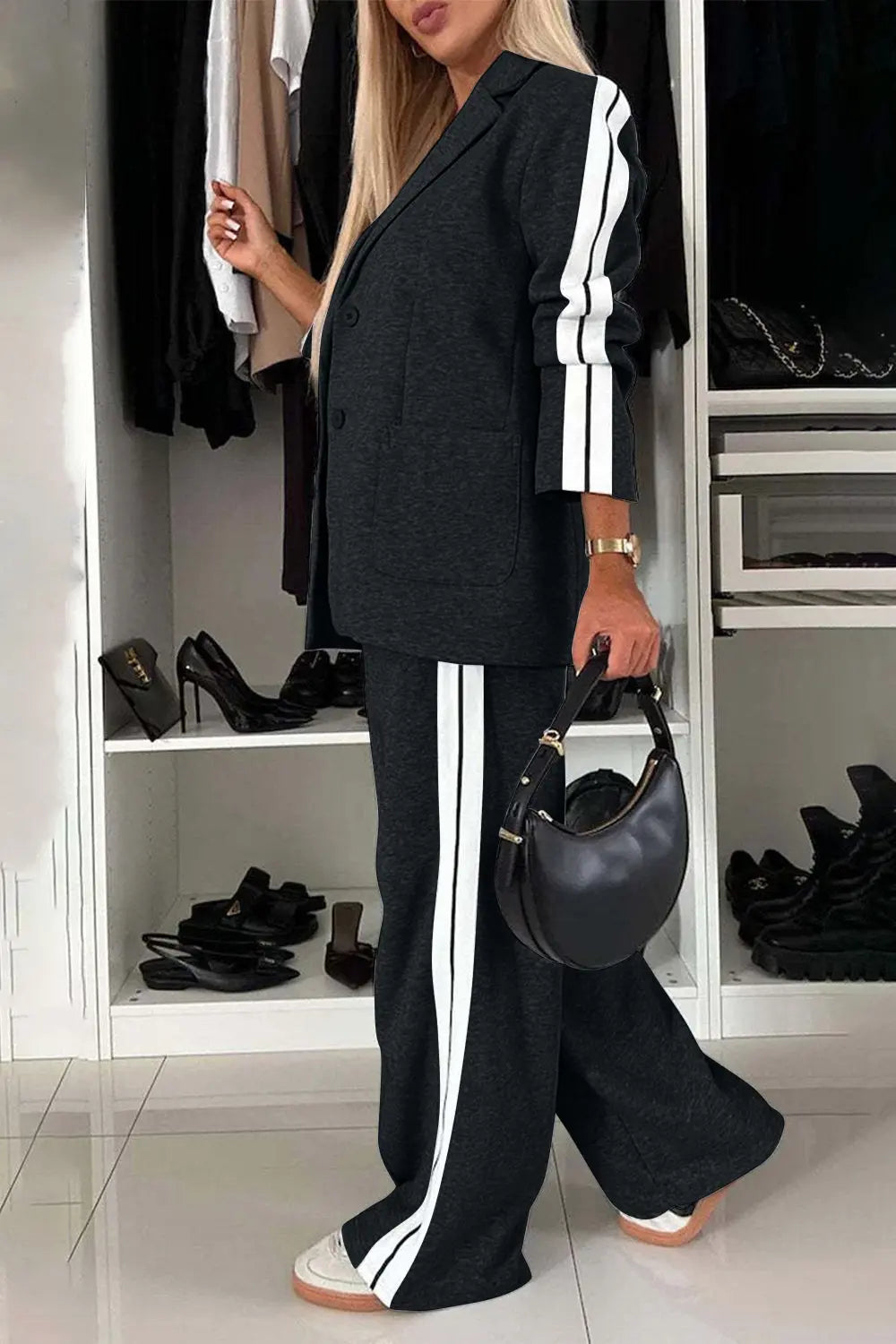 Full Size Contrast Lapel Collar Top and Pants Set Trendsi