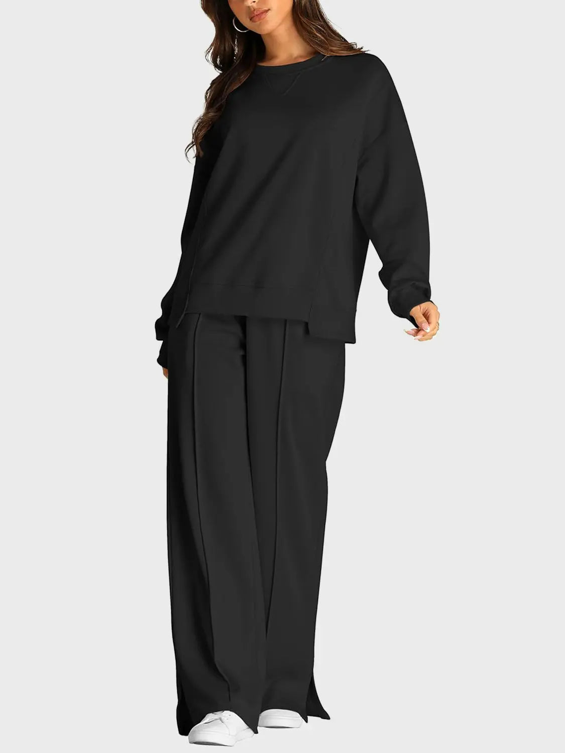 Round Neck Long Sleeve Top and Slit Pants Set Trendsi