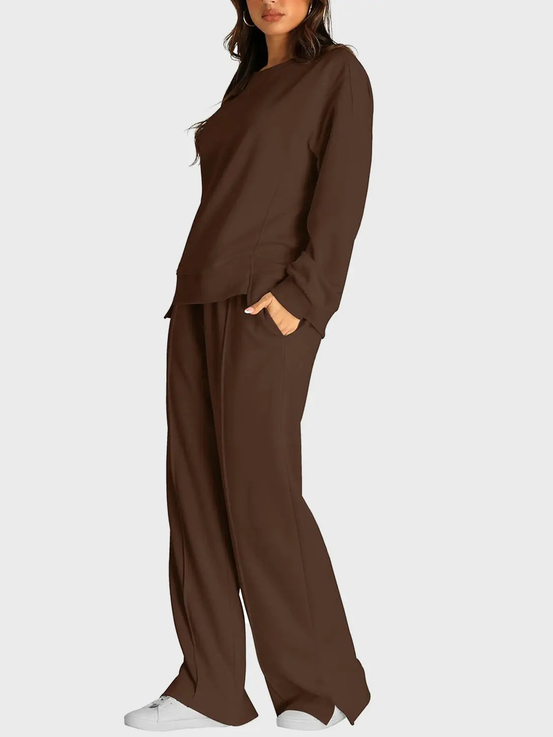 Round Neck Long Sleeve Top and Slit Pants Set Trendsi