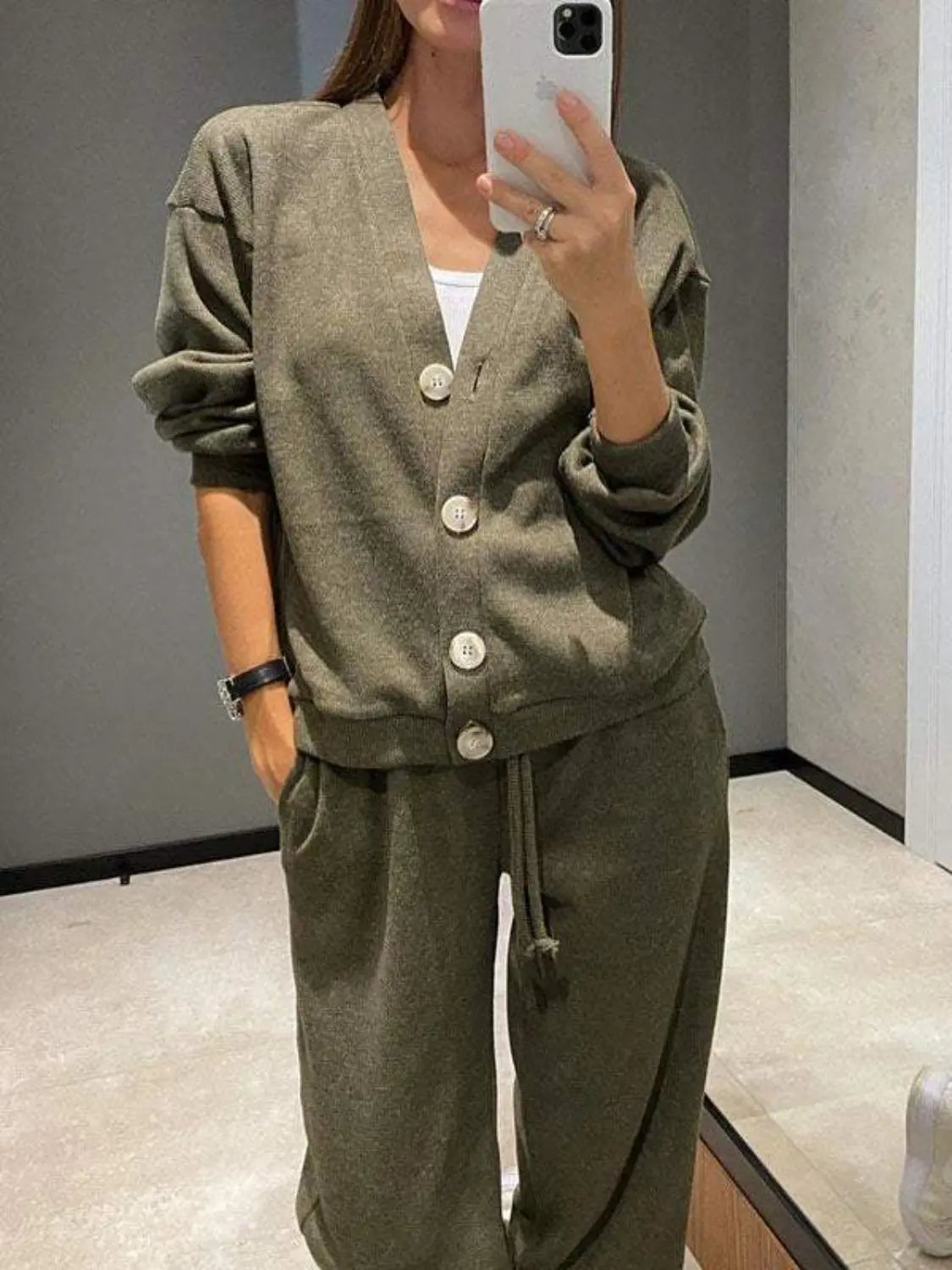 Full Size Button Up Long Sleeve Top and Pants Set Trendsi