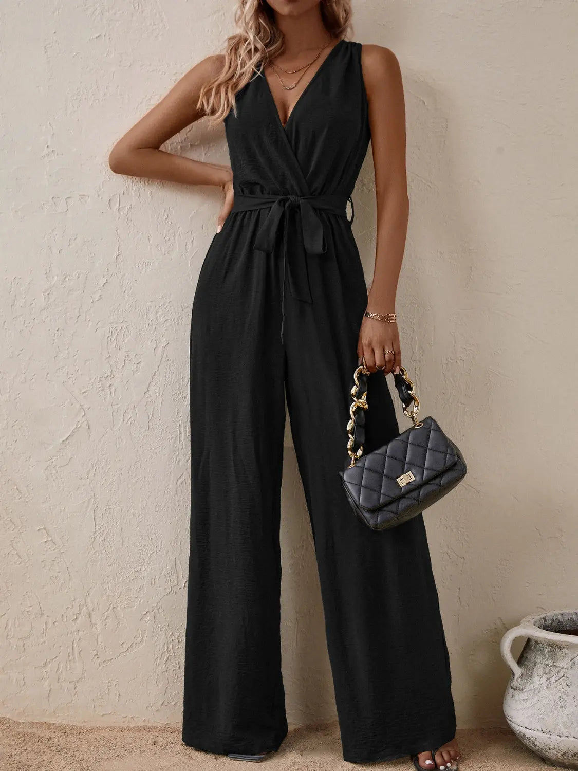 Honey Tied Surplice Sleeveless Wide Leg Jumpsuit Trendsi