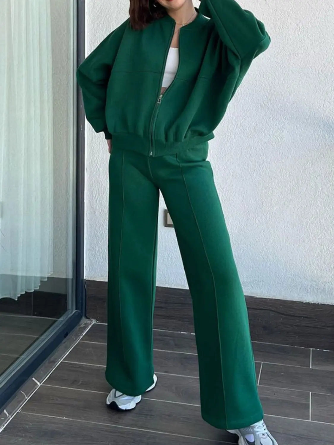 Baseball Collar Zip Up Top and Drawstring Paants Set Trendsi